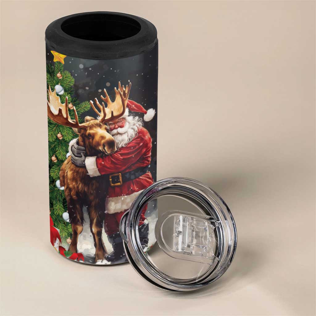 Christmas Canada 4 in 1 Can Cooler Tumbler Merry Moose-Mas Santa Hugging A Moose - Wonder Print Shop