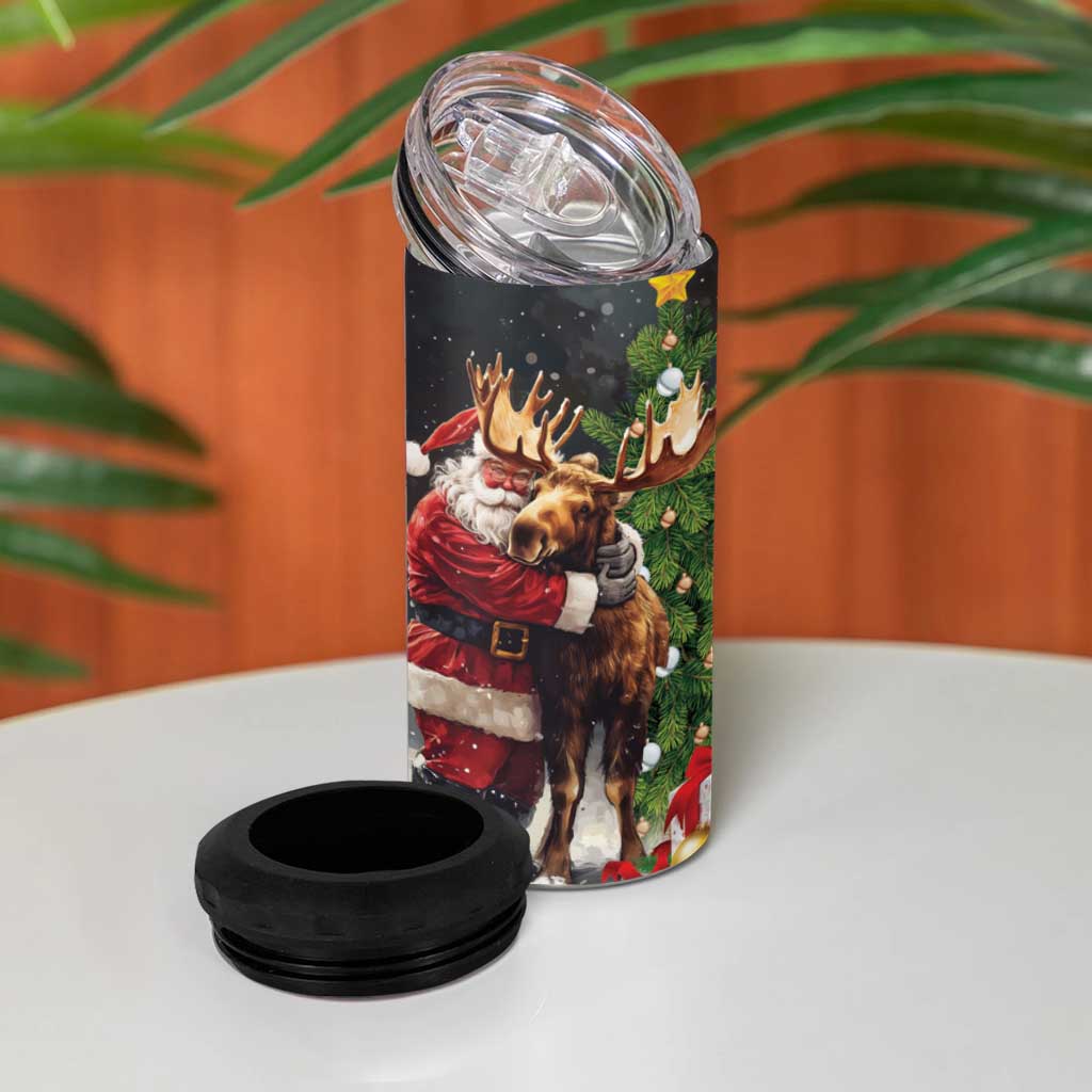 Christmas Canada 4 in 1 Can Cooler Tumbler Merry Moose-Mas Santa Hugging A Moose - Wonder Print Shop