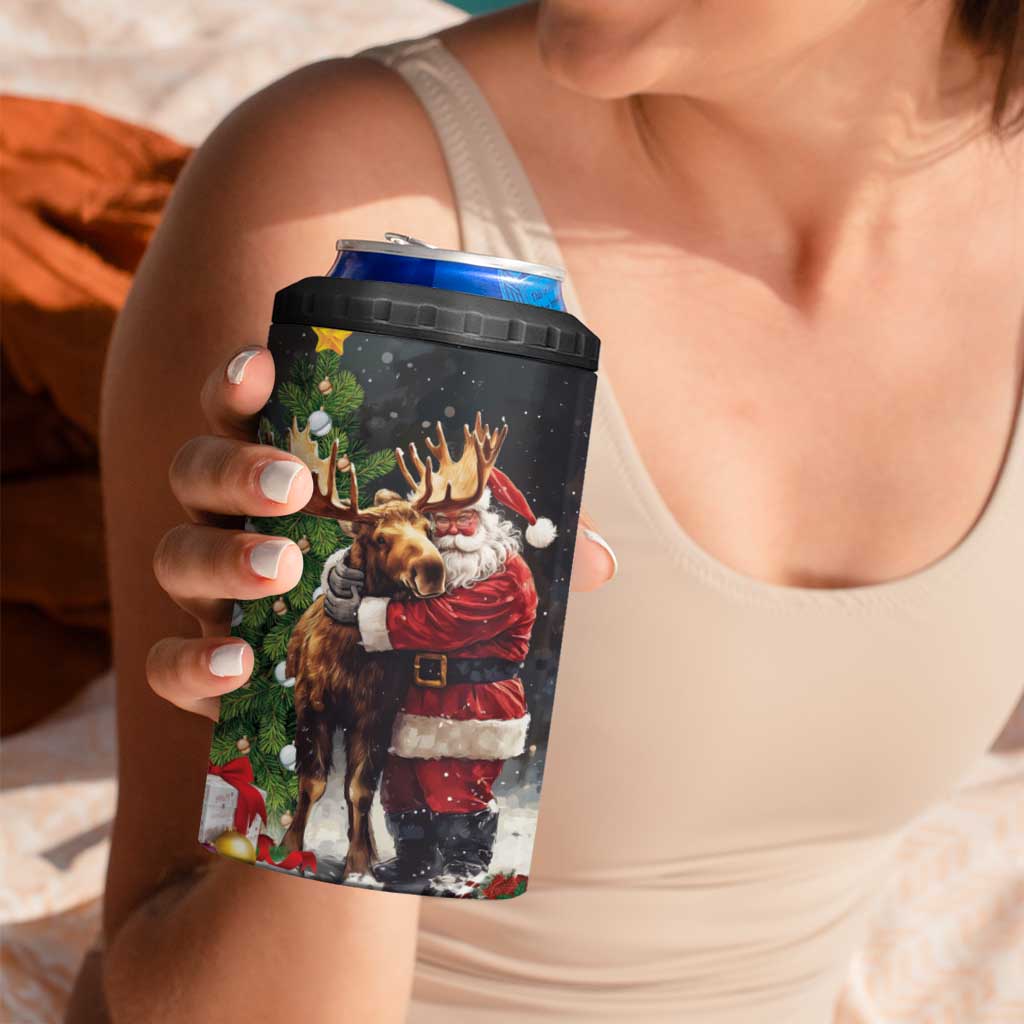 Christmas Canada 4 in 1 Can Cooler Tumbler Merry Moose-Mas Santa Hugging A Moose - Wonder Print Shop