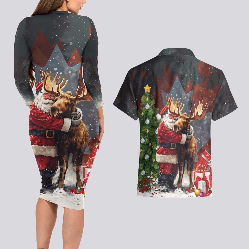 Christmas Canada Couples Matching Long Sleeve Bodycon Dress and Hawaiian Shirt Merry Moose-Mas Santa Hugging A Moose - Wonder Print Shop