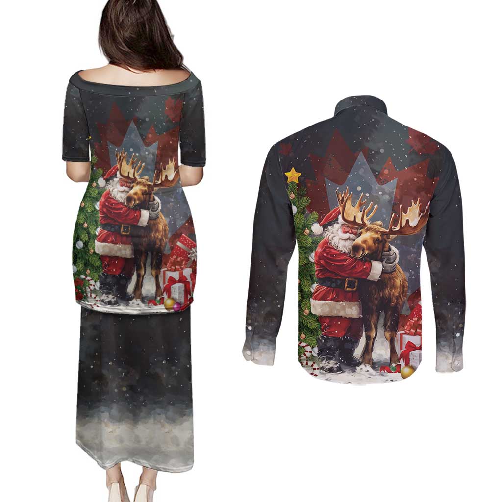 Christmas Canada Couples Matching Puletasi and Long Sleeve Button Shirt Merry Moose-Mas Santa Hugging A Moose - Wonder Print Shop