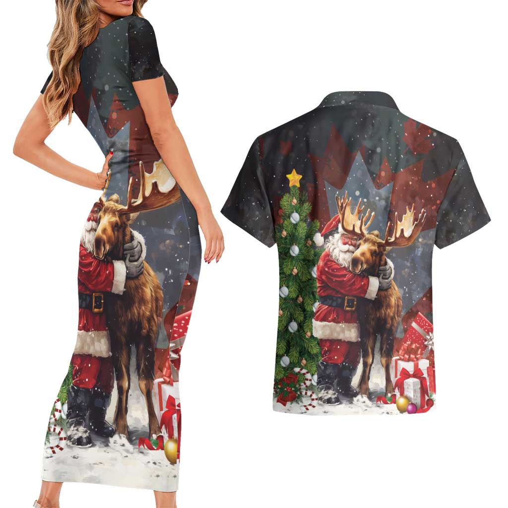Christmas Canada Couples Matching Short Sleeve Bodycon Dress and Hawaiian Shirt Merry Moose-Mas Santa Hugging A Moose - Wonder Print Shop