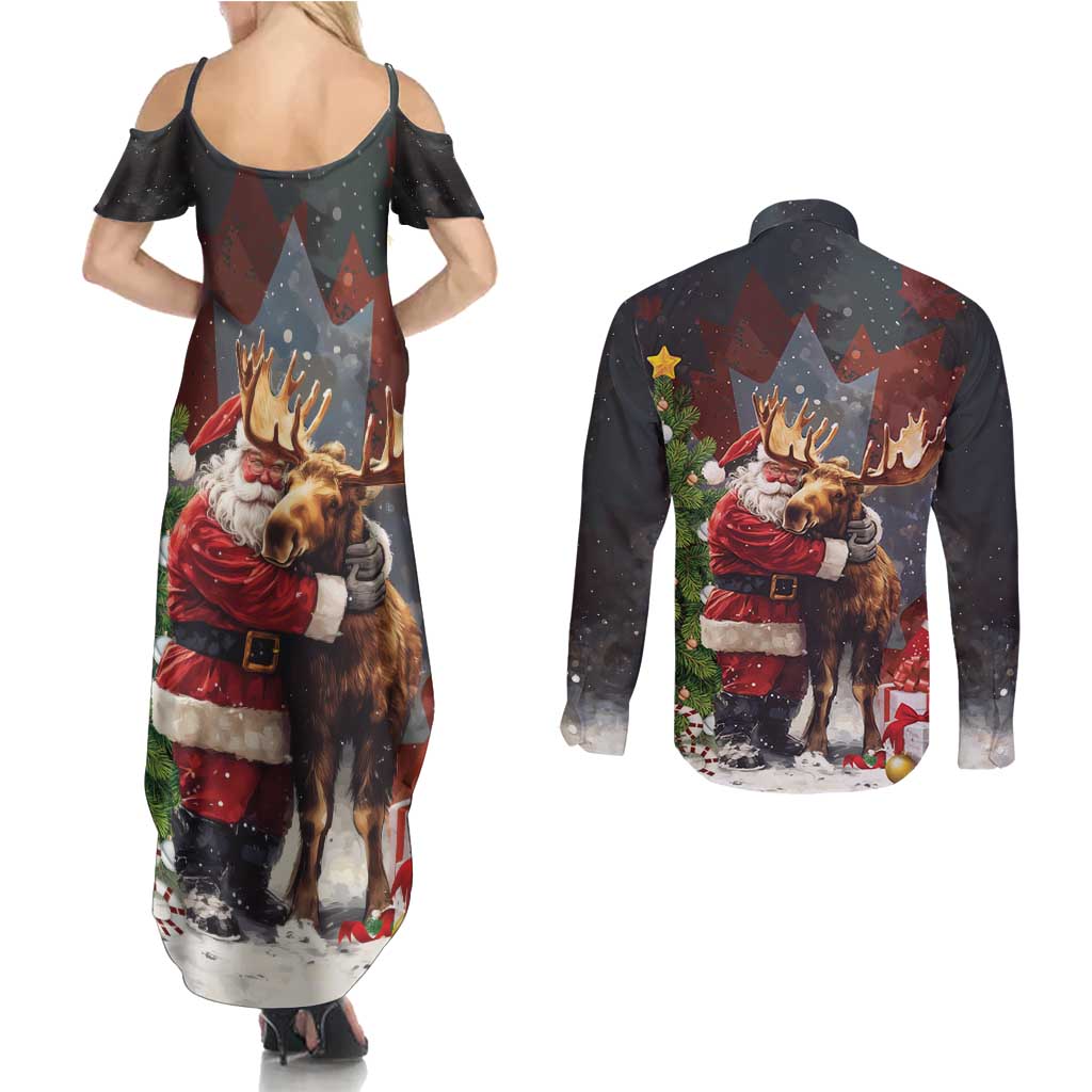 Christmas Canada Couples Matching Summer Maxi Dress and Long Sleeve Button Shirt Merry Moose-Mas Santa Hugging A Moose - Wonder Print Shop