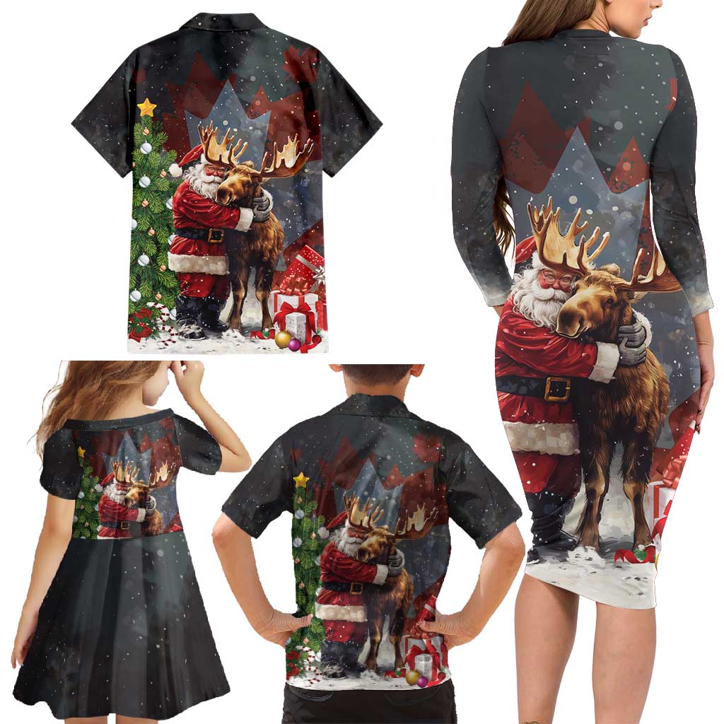 Christmas Canada Family Matching Long Sleeve Bodycon Dress and Hawaiian Shirt Merry Moose-Mas Santa Hugging A Moose - Wonder Print Shop
