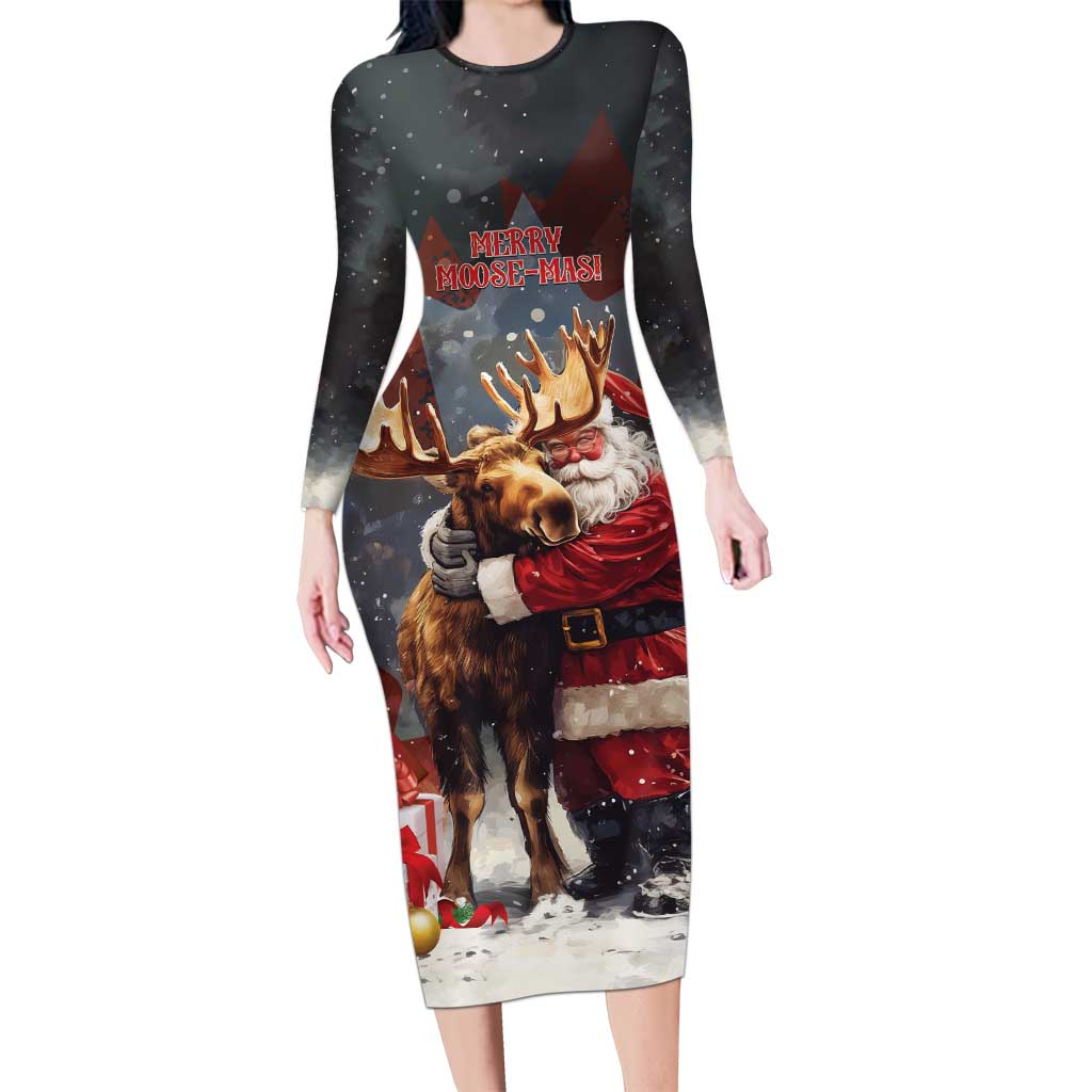 Christmas Canada Family Matching Long Sleeve Bodycon Dress and Hawaiian Shirt Merry Moose-Mas Santa Hugging A Moose - Wonder Print Shop