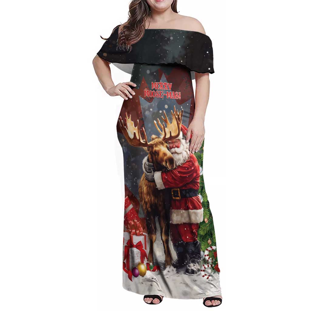 Christmas Canada Family Matching Off Shoulder Maxi Dress and Hawaiian Shirt Merry Moose-Mas Santa Hugging A Moose - Wonder Print Shop