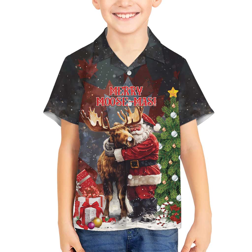 Christmas Canada Family Matching Off Shoulder Short Dress and Hawaiian Shirt Merry Moose-Mas Santa Hugging A Moose - Wonder Print Shop