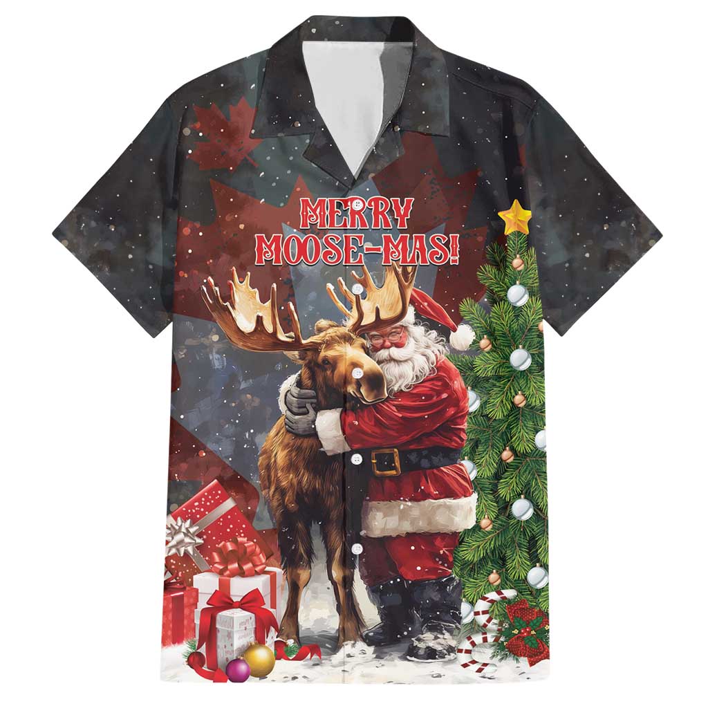 Christmas Canada Family Matching Short Sleeve Bodycon Dress and Hawaiian Shirt Merry Moose-Mas Santa Hugging A Moose - Wonder Print Shop
