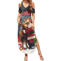 Christmas Canada Family Matching Summer Maxi Dress and Hawaiian Shirt Merry Moose-Mas Santa Hugging A Moose - Wonder Print Shop
