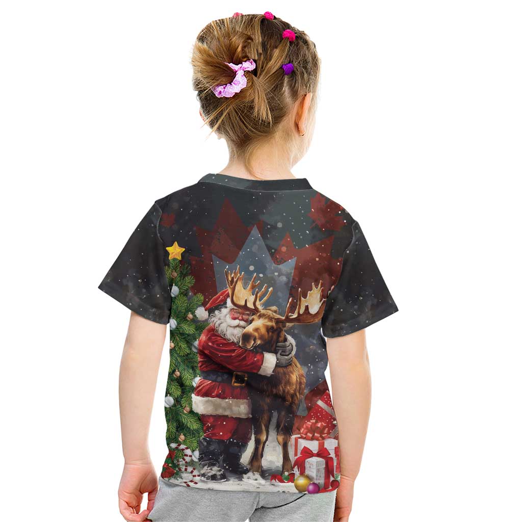 Christmas Canada Kid T Shirt Merry Moose-Mas Santa Hugging A Moose - Wonder Print Shop