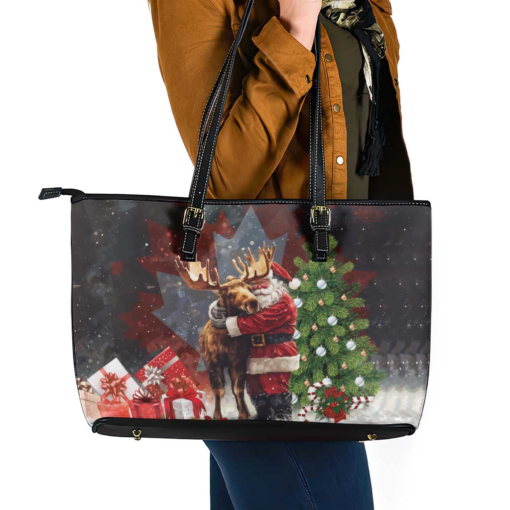 Christmas Canada Leather Tote Bag Merry Moose-Mas Santa Hugging A Moose - Wonder Print Shop