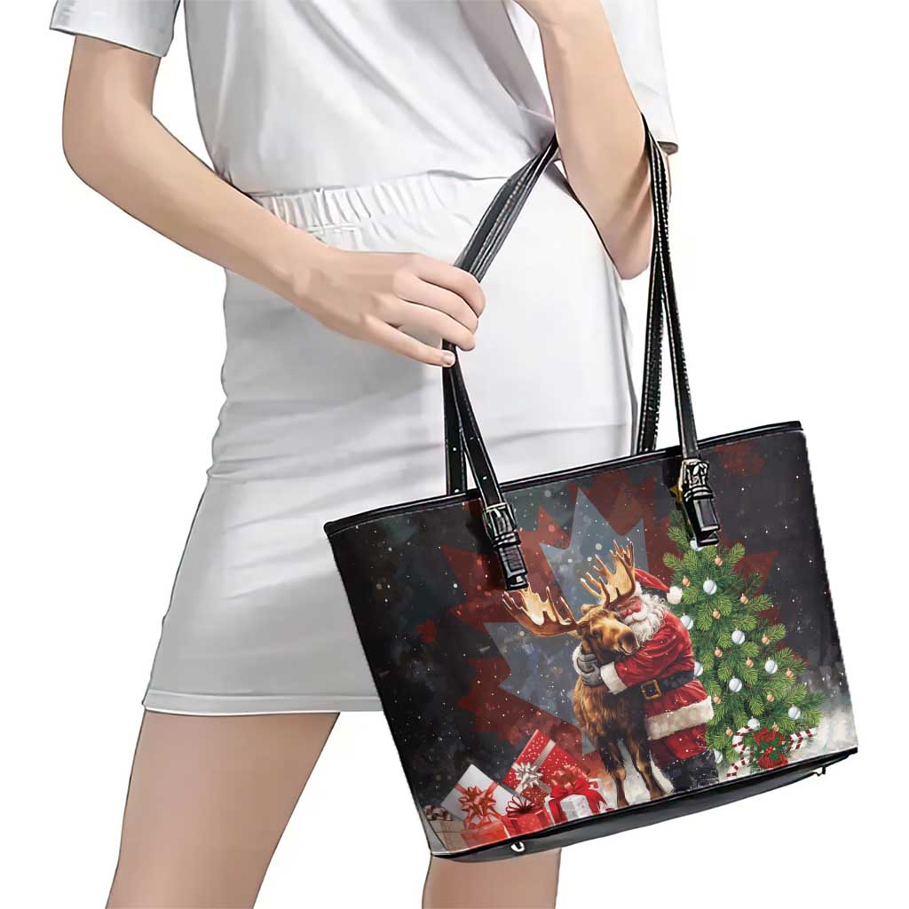 Christmas Canada Leather Tote Bag Merry Moose-Mas Santa Hugging A Moose - Wonder Print Shop