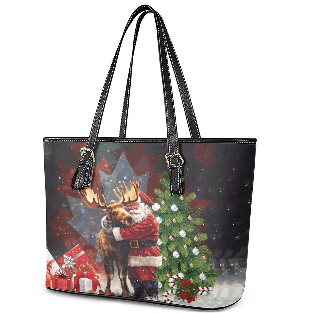 Christmas Canada Leather Tote Bag Merry Moose-Mas Santa Hugging A Moose - Wonder Print Shop