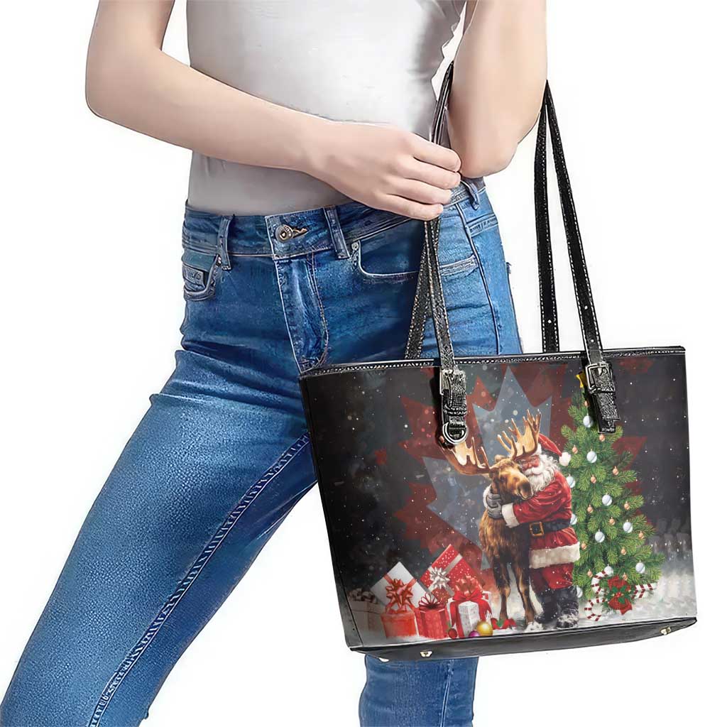 Christmas Canada Leather Tote Bag Merry Moose-Mas Santa Hugging A Moose - Wonder Print Shop