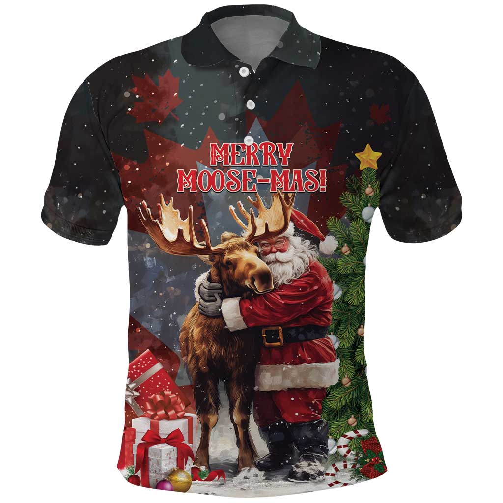 Christmas Canada Polo Shirt Merry Moose-Mas Santa Hugging A Moose - Wonder Print Shop