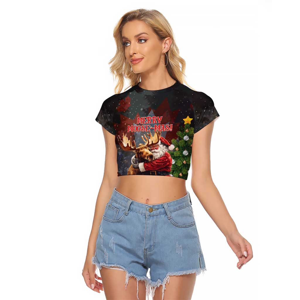 Christmas Canada Raglan Cropped T Shirt Merry Moose-Mas Santa Hugging A Moose - Wonder Print Shop