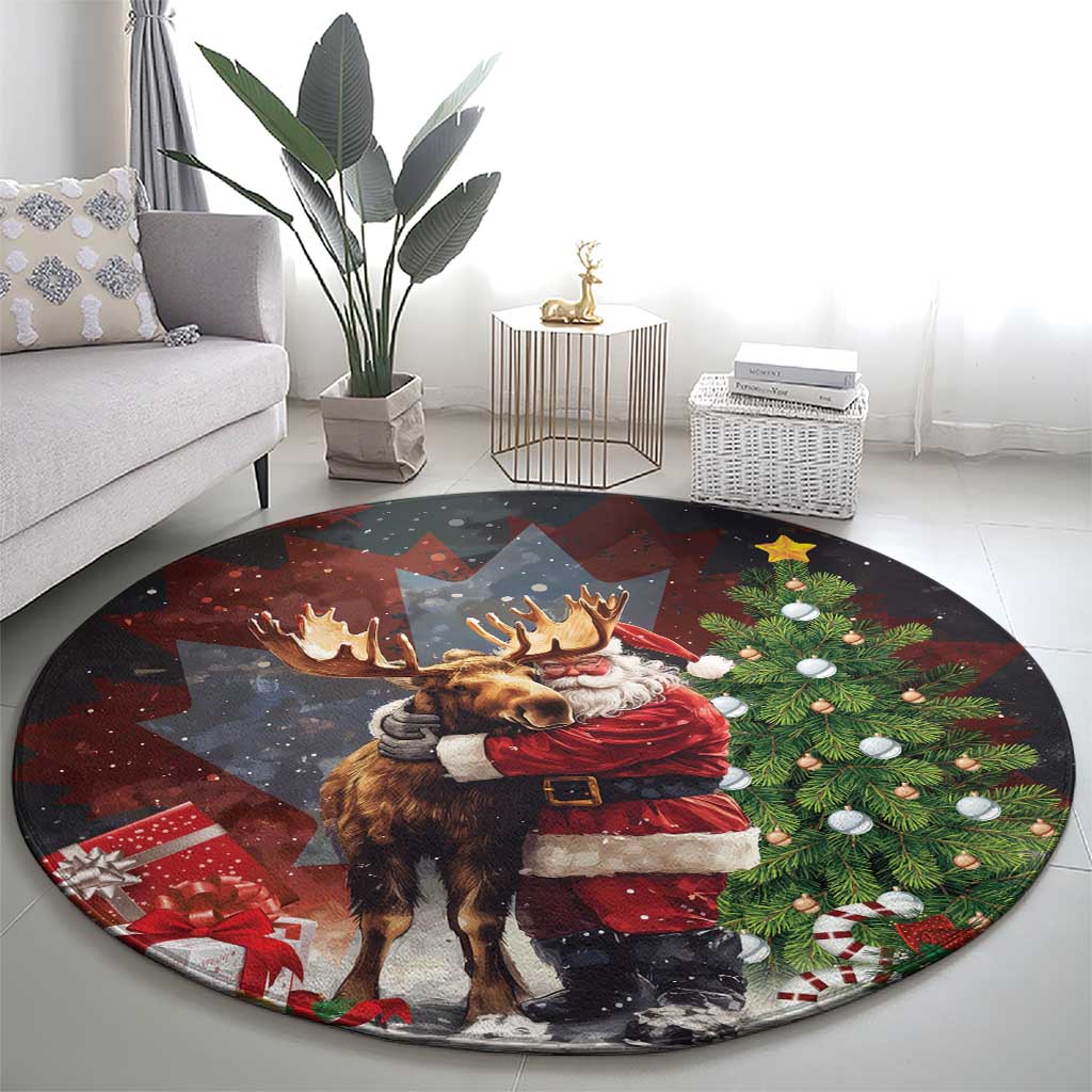 Christmas Canada Round Carpet Merry Moose-Mas Santa Hugging A Moose