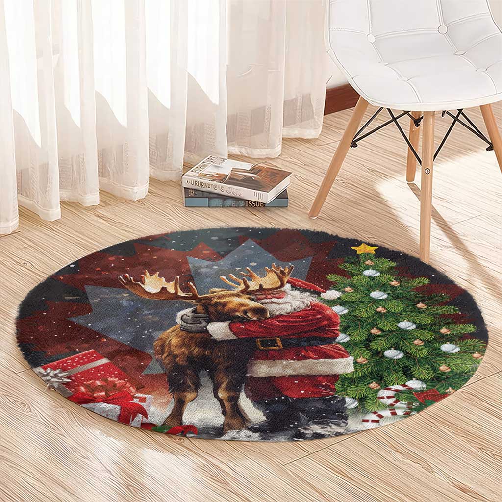 Christmas Canada Round Carpet Merry Moose-Mas Santa Hugging A Moose