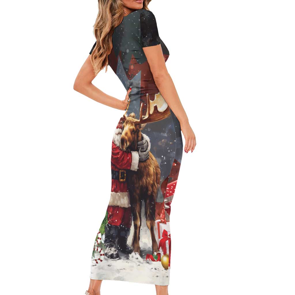 Christmas Canada Short Sleeve Bodycon Dress Merry Moose-Mas Santa Hugging A Moose - Wonder Print Shop