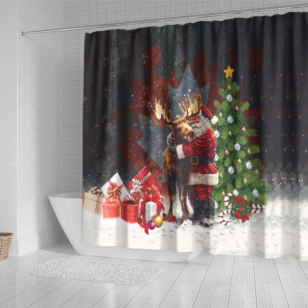 Christmas Canada Shower Curtain Merry Moose-Mas Santa Hugging A Moose