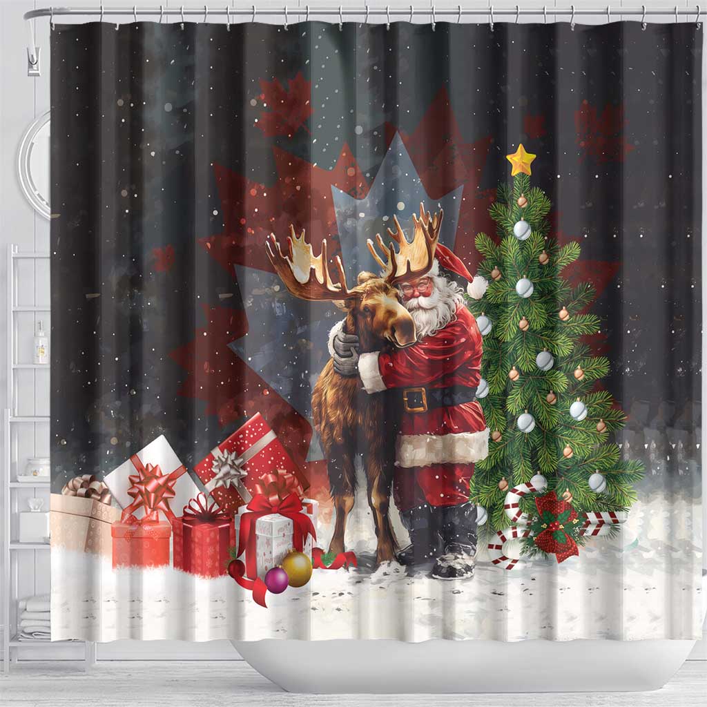 Christmas Canada Shower Curtain Merry Moose-Mas Santa Hugging A Moose