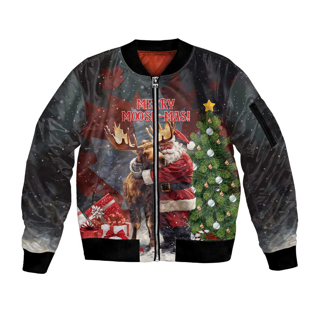 Christmas Canada Sleeve Zip Bomber Jacket Merry Moose-Mas Santa Hugging A Moose - Wonder Print Shop