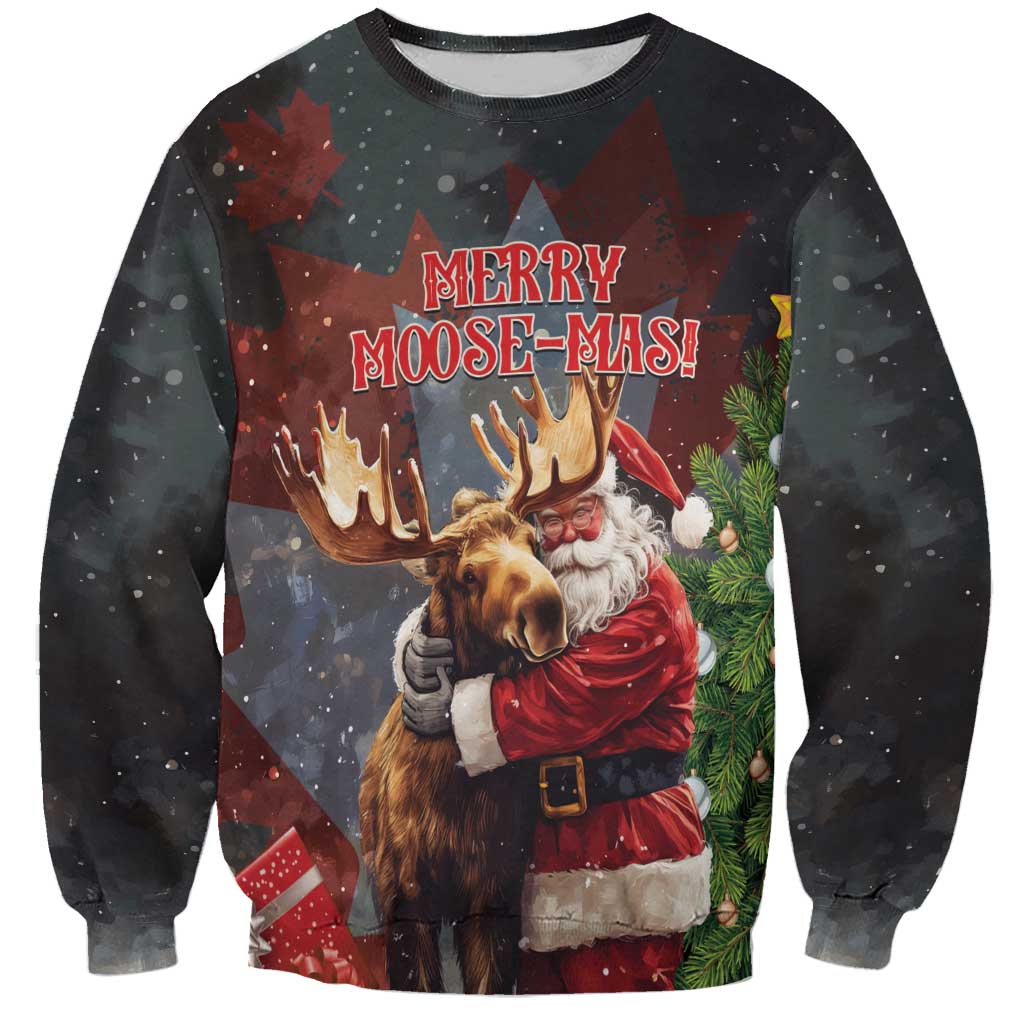 Christmas Canada Sweatshirt Merry Moose-Mas Santa Hugging A Moose - Wonder Print Shop