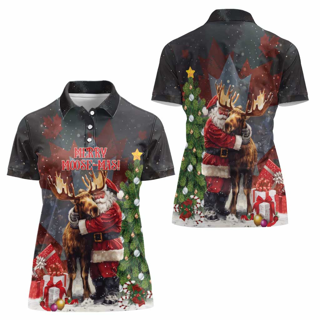Christmas Canada Women Polo Shirt Merry Moose-Mas Santa Hugging A Moose - Wonder Print Shop