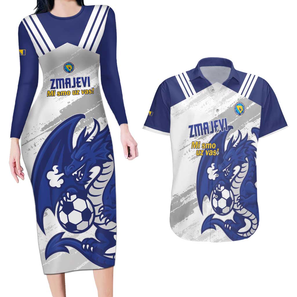 Bosnia and Herzegovina Football Custom Couples Matching Long Sleeve Bodycon Dress and Hawaiian Shirt Go Zmajevi Mi smo uz vas White Version - Wonder Print Shop
