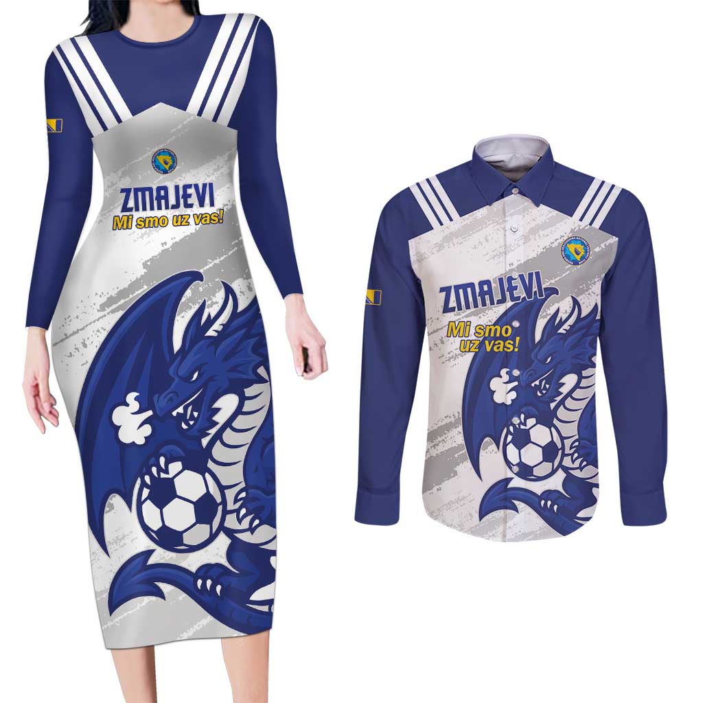 Bosnia and Herzegovina Football Custom Couples Matching Long Sleeve Bodycon Dress and Long Sleeve Button Shirt Go Zmajevi Mi smo uz vas White Version - Wonder Print Shop