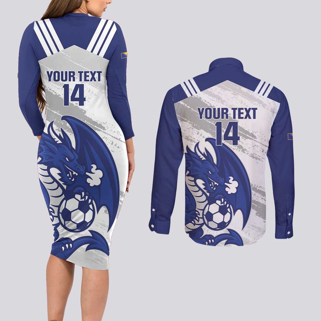 Bosnia and Herzegovina Football Custom Couples Matching Long Sleeve Bodycon Dress and Long Sleeve Button Shirt Go Zmajevi Mi smo uz vas White Version - Wonder Print Shop