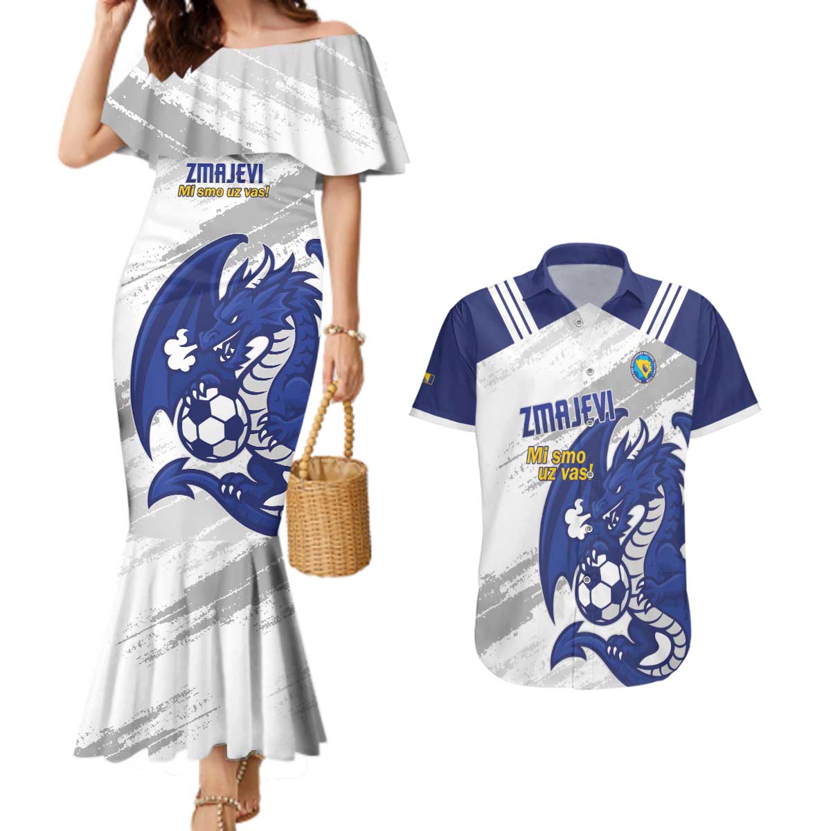 Bosnia and Herzegovina Football Custom Couples Matching Mermaid Dress and Hawaiian Shirt Go Zmajevi Mi smo uz vas White Version - Wonder Print Shop