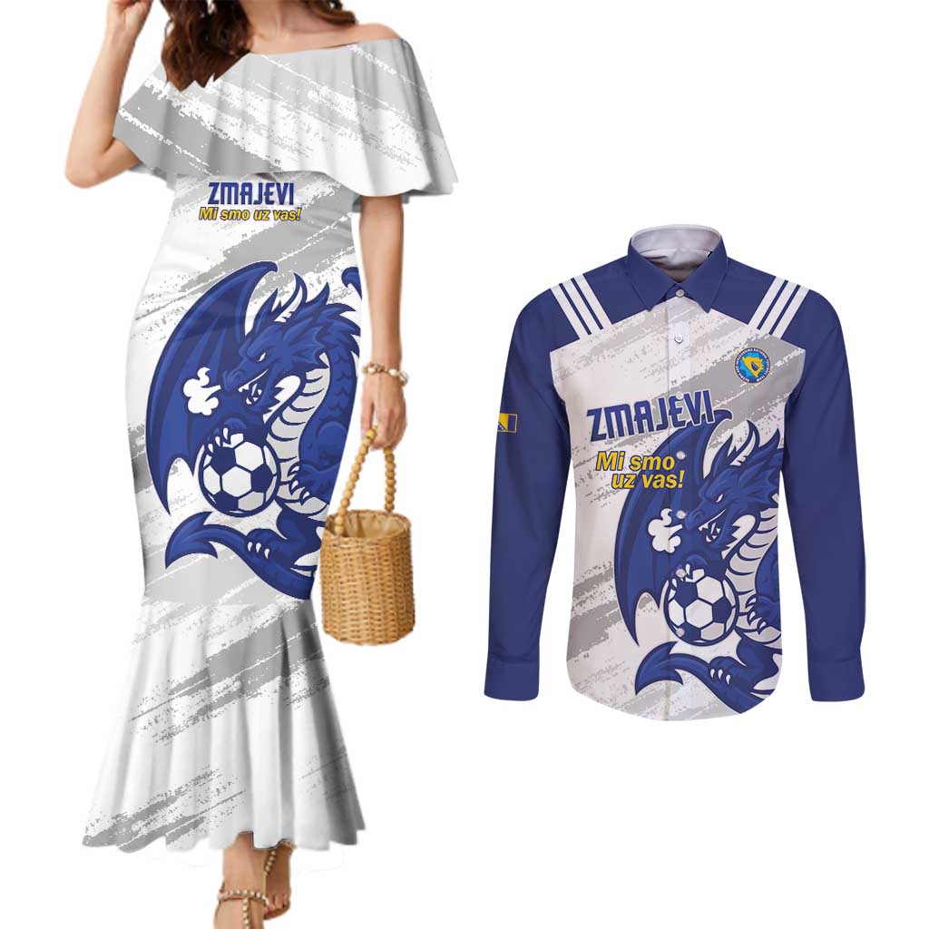 Bosnia and Herzegovina Football Custom Couples Matching Mermaid Dress and Long Sleeve Button Shirt Go Zmajevi Mi smo uz vas White Version - Wonder Print Shop