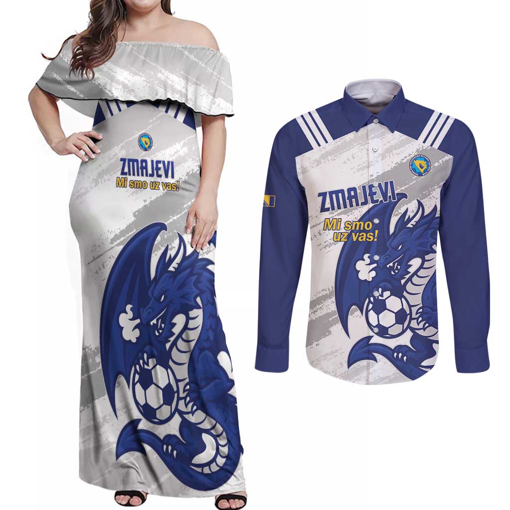 Bosnia and Herzegovina Football Custom Couples Matching Off Shoulder Maxi Dress and Long Sleeve Button Shirt Go Zmajevi Mi smo uz vas White Version - Wonder Print Shop
