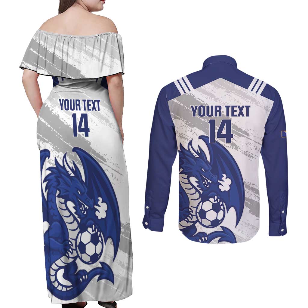 Bosnia and Herzegovina Football Custom Couples Matching Off Shoulder Maxi Dress and Long Sleeve Button Shirt Go Zmajevi Mi smo uz vas White Version - Wonder Print Shop