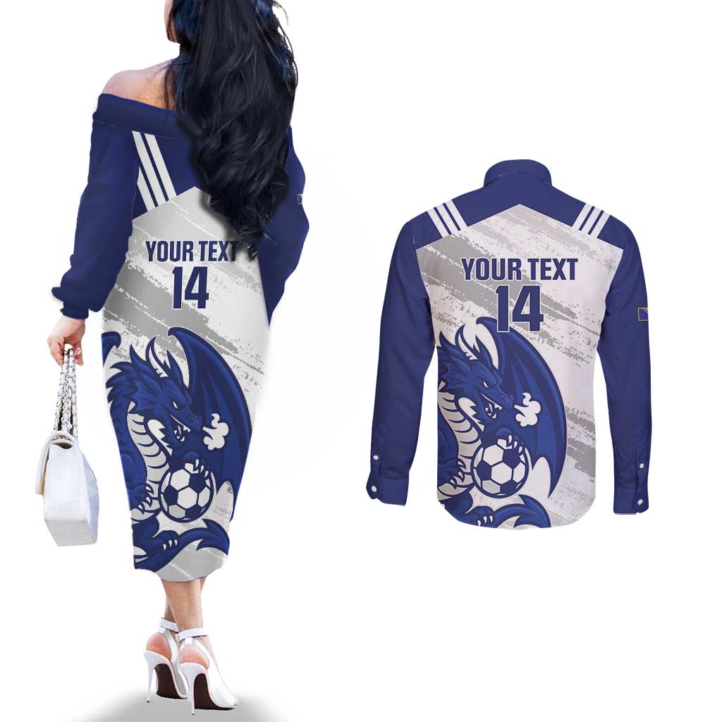 Bosnia and Herzegovina Football Custom Couples Matching Off The Shoulder Long Sleeve Dress and Long Sleeve Button Shirt Go Zmajevi Mi smo uz vas White Version - Wonder Print Shop