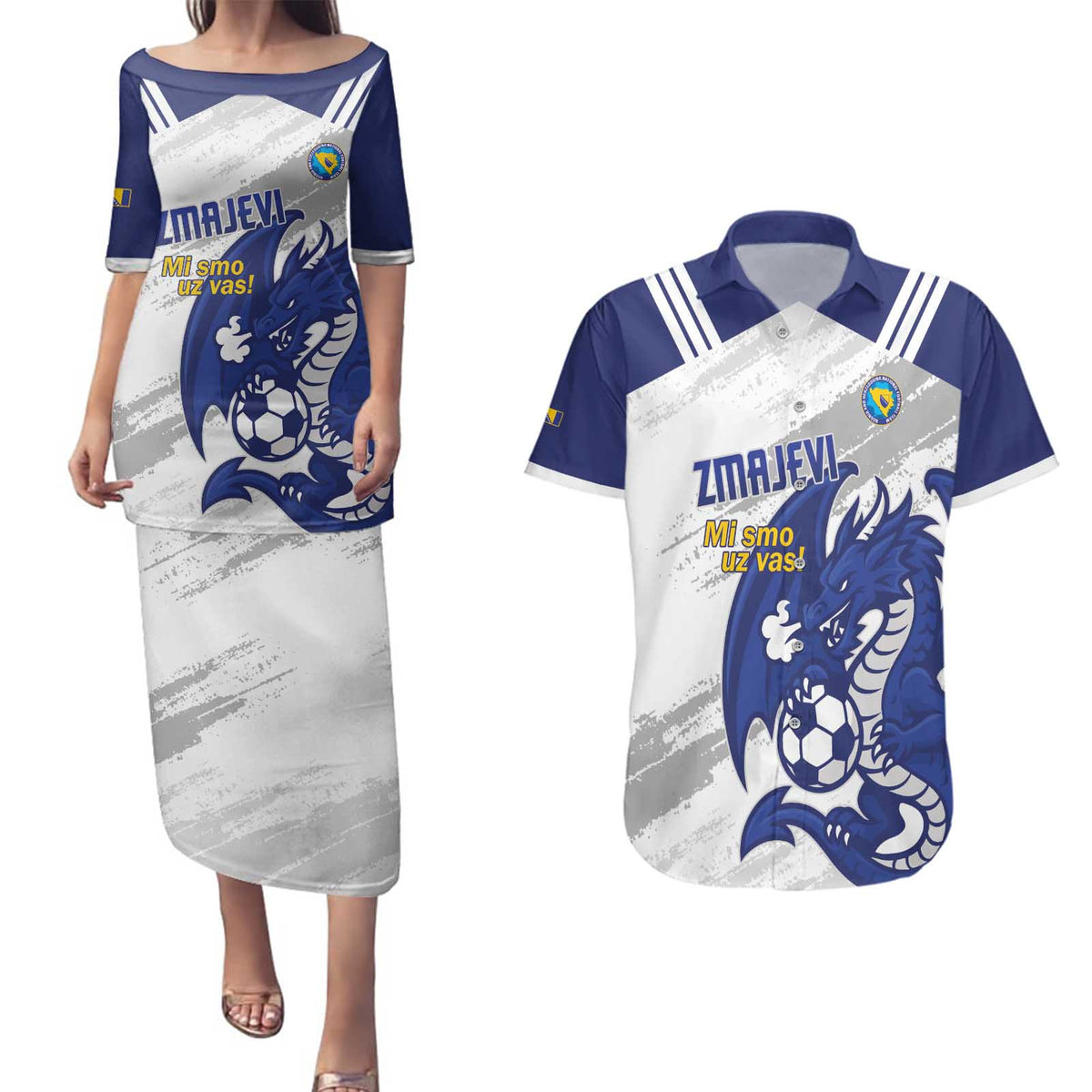 Bosnia and Herzegovina Football Custom Couples Matching Puletasi and Hawaiian Shirt Go Zmajevi Mi smo uz vas White Version - Wonder Print Shop