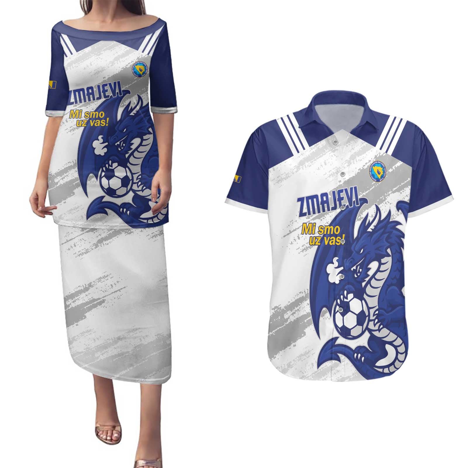 Bosnia and Herzegovina Football Custom Couples Matching Puletasi and Hawaiian Shirt Go Zmajevi Mi smo uz vas White Version - Wonder Print Shop