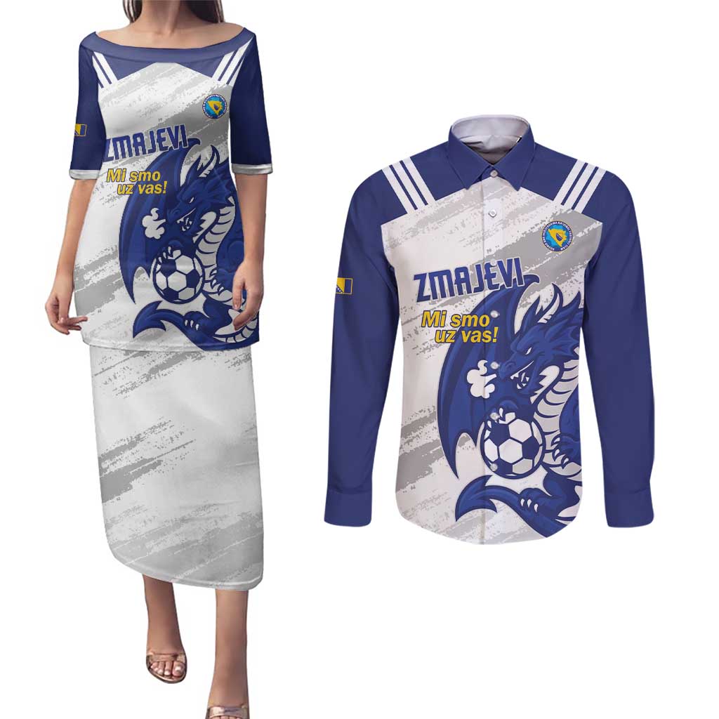 Bosnia and Herzegovina Football Custom Couples Matching Puletasi and Long Sleeve Button Shirt Go Zmajevi Mi smo uz vas White Version - Wonder Print Shop