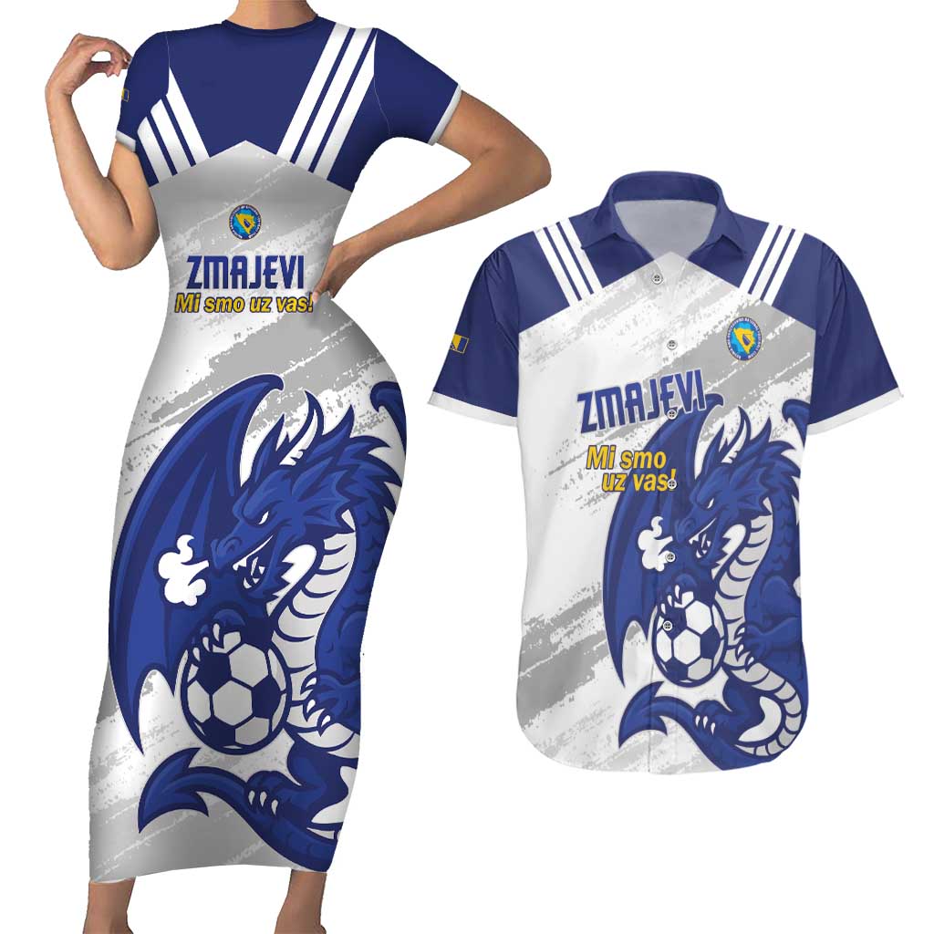 Bosnia and Herzegovina Football Custom Couples Matching Short Sleeve Bodycon Dress and Hawaiian Shirt Go Zmajevi Mi smo uz vas White Version - Wonder Print Shop
