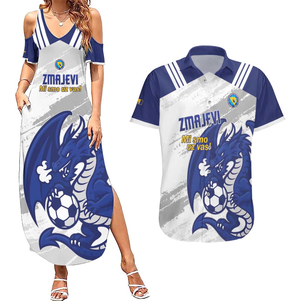 Bosnia and Herzegovina Football Custom Couples Matching Summer Maxi Dress and Hawaiian Shirt Go Zmajevi Mi smo uz vas White Version - Wonder Print Shop