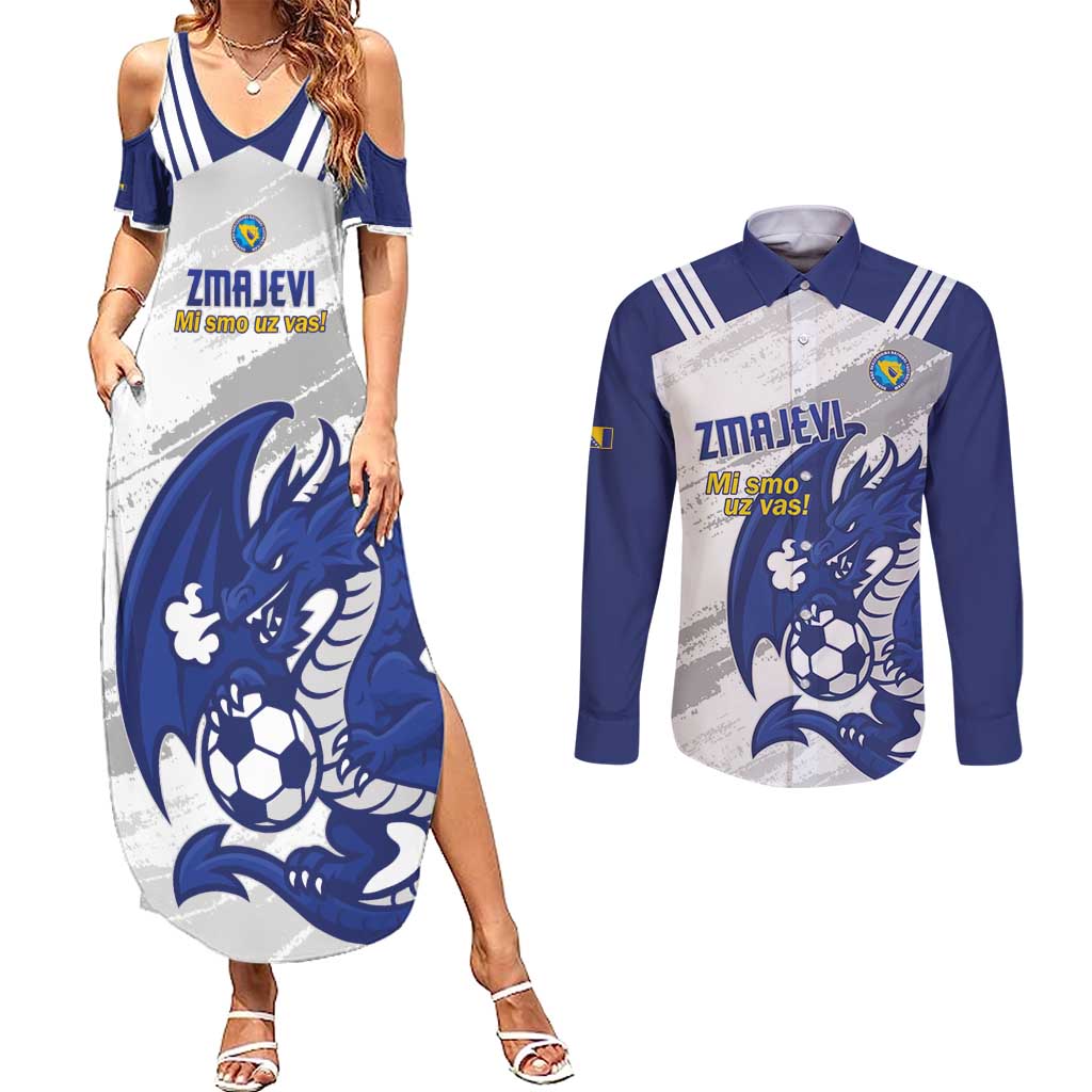 Bosnia and Herzegovina Football Custom Couples Matching Summer Maxi Dress and Long Sleeve Button Shirt Go Zmajevi Mi smo uz vas White Version - Wonder Print Shop