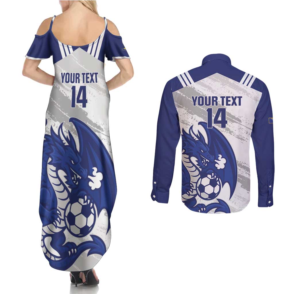 Bosnia and Herzegovina Football Custom Couples Matching Summer Maxi Dress and Long Sleeve Button Shirt Go Zmajevi Mi smo uz vas White Version - Wonder Print Shop