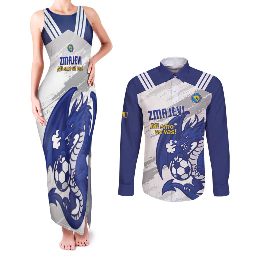 Bosnia and Herzegovina Football Custom Couples Matching Tank Maxi Dress and Long Sleeve Button Shirt Go Zmajevi Mi smo uz vas White Version - Wonder Print Shop