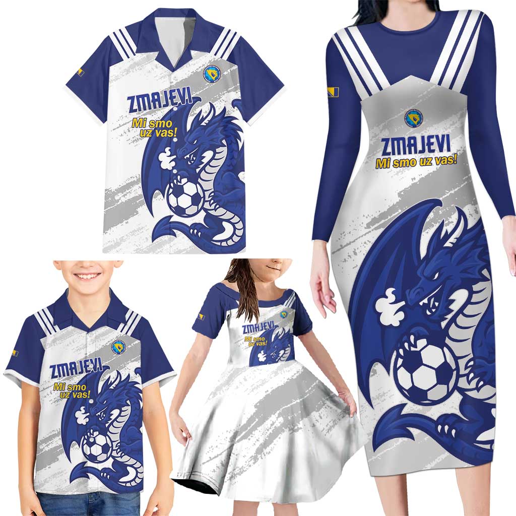 Bosnia and Herzegovina Football Custom Family Matching Long Sleeve Bodycon Dress and Hawaiian Shirt Go Zmajevi Mi smo uz vas White Version - Wonder Print Shop