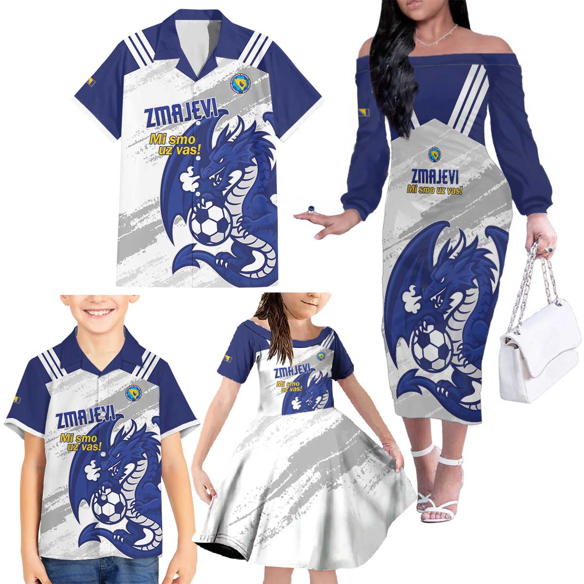 Bosnia and Herzegovina Football Custom Family Matching Off The Shoulder Long Sleeve Dress and Hawaiian Shirt Go Zmajevi Mi smo uz vas White Version - Wonder Print Shop