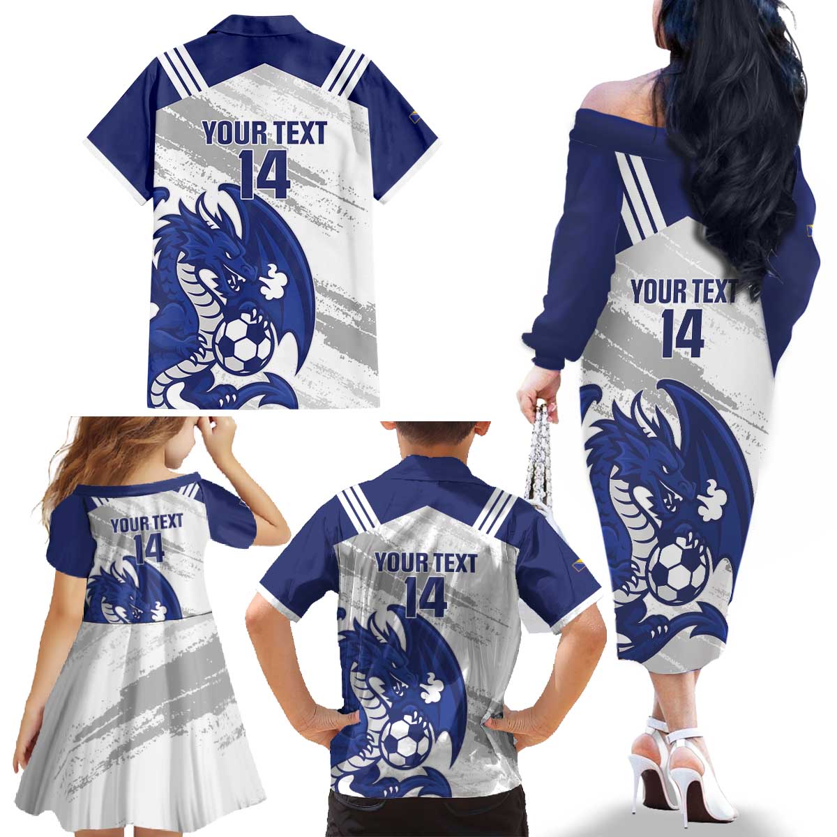 Bosnia and Herzegovina Football Custom Family Matching Off The Shoulder Long Sleeve Dress and Hawaiian Shirt Go Zmajevi Mi smo uz vas White Version - Wonder Print Shop