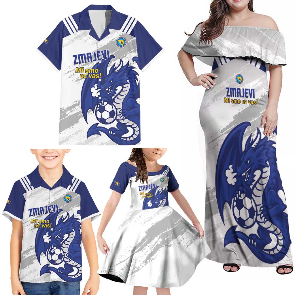 Bosnia and Herzegovina Football Custom Family Matching Off Shoulder Maxi Dress and Hawaiian Shirt Go Zmajevi Mi smo uz vas White Version - Wonder Print Shop