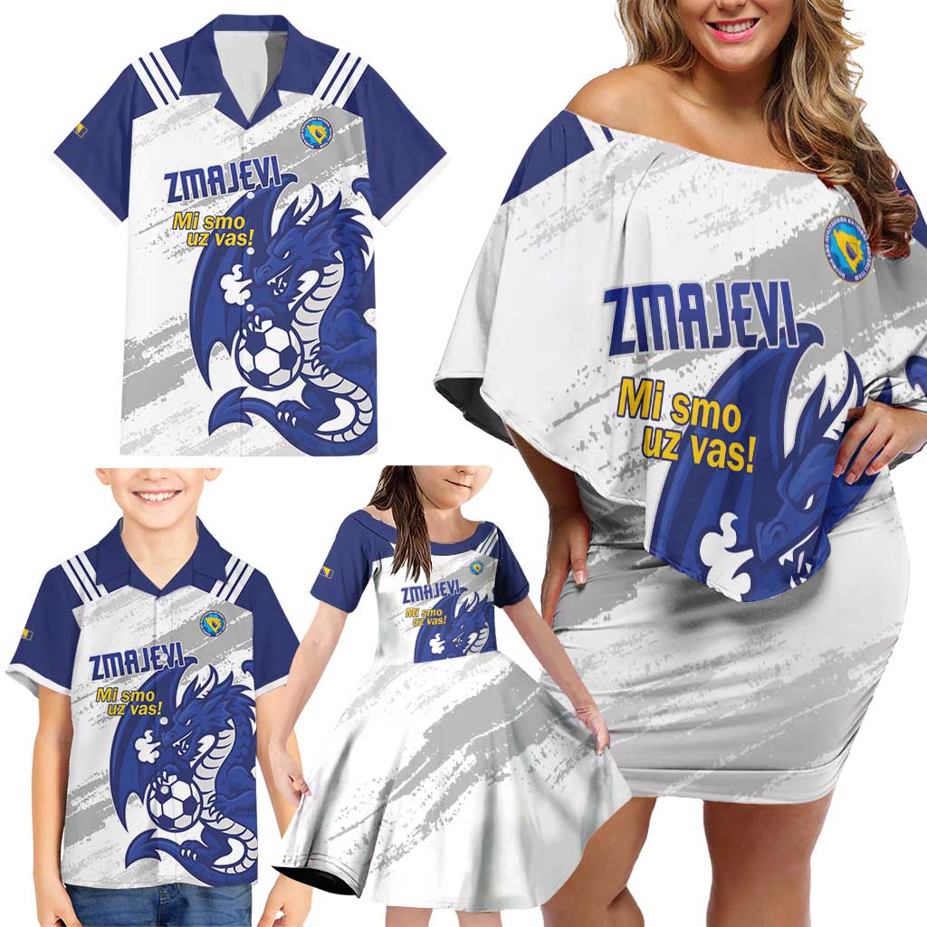 Bosnia and Herzegovina Football Custom Family Matching Off Shoulder Short Dress and Hawaiian Shirt Go Zmajevi Mi smo uz vas White Version - Wonder Print Shop