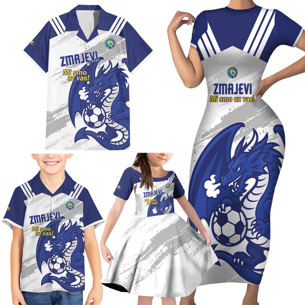 Bosnia and Herzegovina Football Custom Family Matching Short Sleeve Bodycon Dress and Hawaiian Shirt Go Zmajevi Mi smo uz vas White Version - Wonder Print Shop